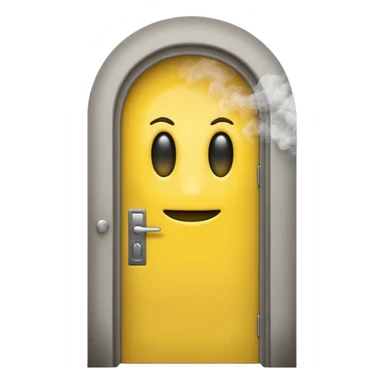 Minimalist emoji-style sticker of a half-open door, with smoke and a single glowing eye visible in the dark inside. Flat design, desaturated colors.
 sticker