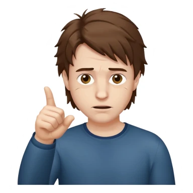 Weak man with disheveled hair pointing to his right sticker