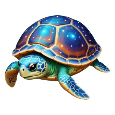 Quasar Turtle emoji – full body, large turtle with a smooth glowing shell shaped like a cosmic quasar, simple light effect in the center of the shell, stars in the shell, no patterns, no aura, slight side angle, no background
 sticker