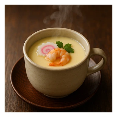 steamed egg, Japanese chawanmushi style, in a cup, delicate steam sticker