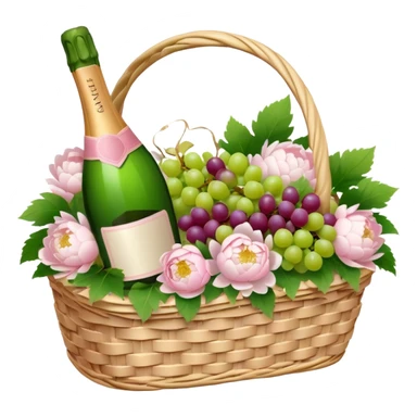 White Picnic basket with light pink bow, white peonies, grapes and one pink champage bottle inside sticker