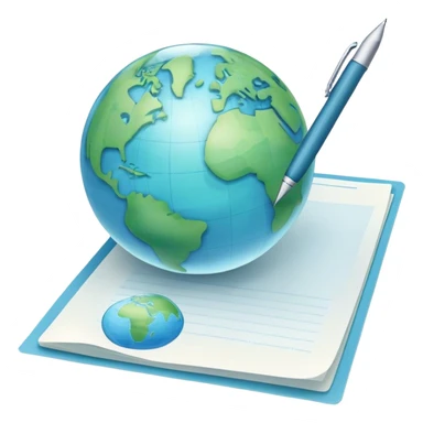 Create an emoji representing language translation. The design should feature just one globe in the background, symbolizing international communication. In front of the globe, place two books or sheets of paper with texs on them and a pen nearby to indicate the act of writing. Use a clean and professional color palette with blues, greens, and neutral tones. Make the background transparent. sticker