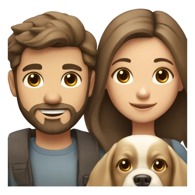 Brunette happy couple boy with beard and girl  with long hair with one cute beige French bull dog  sticker