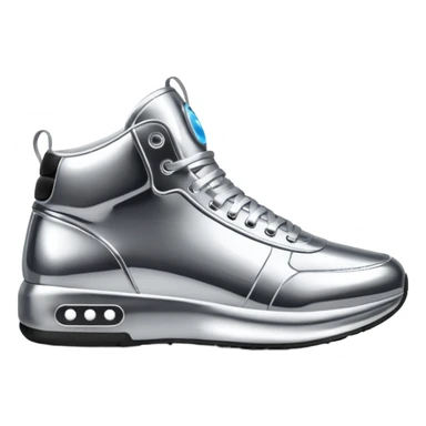 A pair of futuristic sneakers emoji made of silver chrome, sleek streetwear design, smooth metallic panels, subtle reflections, luxury swag aesthetic, iOS emoji style, centered, clean white background sticker
