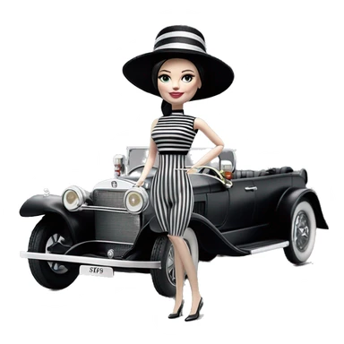 Kentucky Derby Barbie, 1910 Wednesday Addams from academy, in dark-gray and black striped outfit with hat. Smiling Driving Mercedes convertible sports car. Pale-white porcelain skin.  sticker