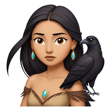 Cinematic Stunning Pocahontas Portrait Emoji, Windswept raven hair flowing behind her, deep brown eyes filled with wisdom and strength, glowing sun-kissed skin, wearing her elegant tan dress, the spirit of the wild in her expression, breathtakingly majestic! sticker