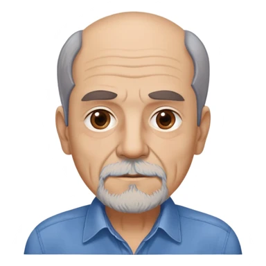 Older slim Hispanic man in his 60s with light skin. Thinner face with pronounced features. Expressive brown eyes, thick eyebrows showing age. Short brown hair with significant receding hairline. Scraggly brown beard with gray patches. Wearing a blue button-up shirt on his lean frame. sticker