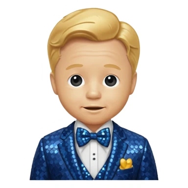 Mickey Rooney with golden blonde hair, dark blue sequin suit with bow tie sticker