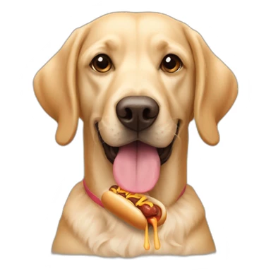 Labrador dog sitting on a poodle, eating a hotdog sticker