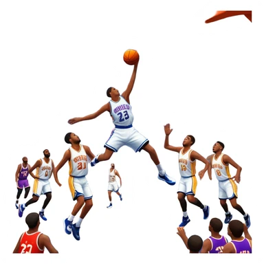 An icon showing a basketball court with players in action, inspired by NBA 2K25. A player jumps for a dunk, the ball mid-air, surrounded by a vibrant basketball arena with cheering fans and bright lights. Transparent background emphasizes the intense atmosphere sticker