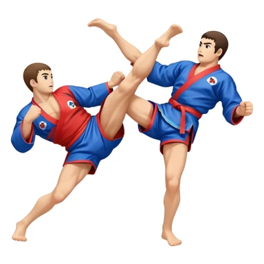 An icon symbolizing Sambo, featuring two fighters in blue and red kimonos with shorts and wrestling shoes. One executes a powerful throw, while the other attempts a defensive grab. The fighters are engaged in a grapple, using joint locks and sweeps.  sticker