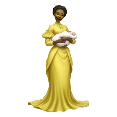  Reptilian alien woman , full body, in victorian jellow elegant dress smiling, holds a newborn white humman baby sticker
