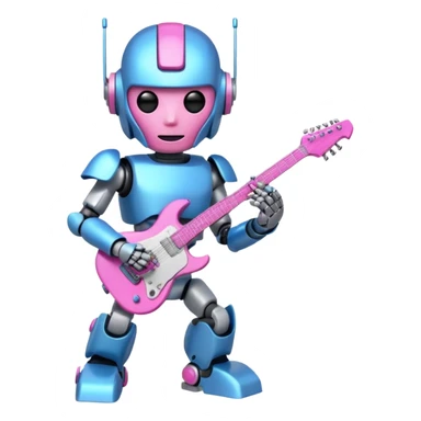 a cyper robot carry her note and electric guitar and try to change the world with pink and bluecolor sticker
