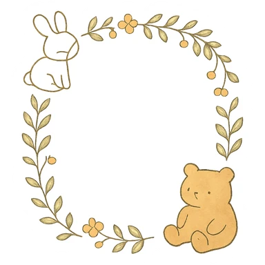 A4 vertical ratio cozy hand-drawn Mori style pastel background with soft watercolor texture, cute botanical wreath of leaves and tiny flowers, a soft brown bear sitting at the bottom right, a light beige bunny sitting at the top left, soft pastel colors, clean minimal design, planner cover, high resolution sticker