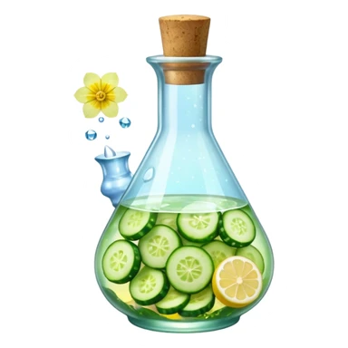 potion bottle with a perfectly round floating bottom, very small cork, very short neck, filled with #00d9ff liquid, inside cucumber slices, lemon slices, ice cubes, edible flower petals, and magical sparkles, soft lighting, transparent glass, clean background, fantasy style sticker