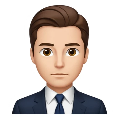 Caucasian man with slicked back brown hair, black suit, navy tie, sophisticated sticker
