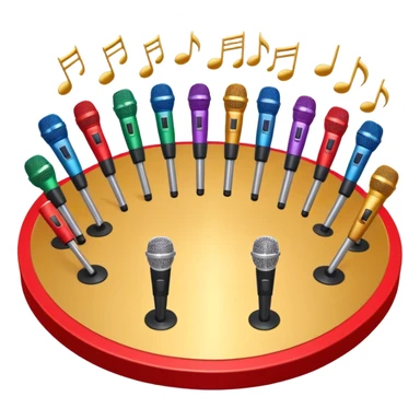 Create a vibrant and dynamic emoji that represents choral or pop vocal performance. The design should feature 10 stage microphones arranged in a semi-circle on a concert stage, symbolizing a vocal group or choir. Add musical notes flowing around the microphones to represent harmony and unity in the performance. Include concert lighting and a celebratory atmosphere to convey the excitement of live music. Use bright, bold colors like red, gold, and silver to emphasize the energy and glamour of the stage. The background should be transparent. sticker