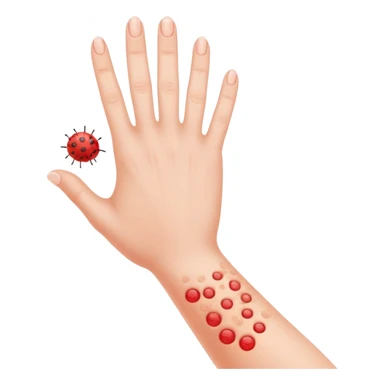 Allergy skin prick test on forearm with small red bumps showing reactions to different allergens, with 5 fingers of the hand visible sticker