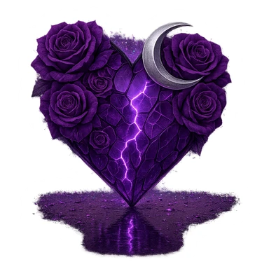 Edit the gothic heart to be formed from splintered deep purple glass, a silver crescent moon, purple roses, sparkling holographic stardust, neon lightning, and a wet, reflective surface. Keep the background transparent. The style should reflect a detailed and vibrant gothic aesthetic with emphasis on the glass texture and reflective wet surface. sticker
