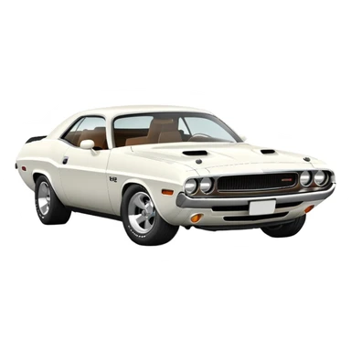 White 1971 Dodge Challenger with consistent proportions, accurate three-quarter view at 30 degrees, showing front grille, headlights and side profile in correct perspective, all white, iOS emoji style sticker