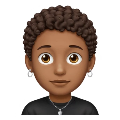 a boy emoji with a milk chocolate skin color, short dark brown curly hair with 2 silver stud earrings on both ears and 2 slits on each eyebrow and is wearing a black shirt with a silver necklace  sticker
