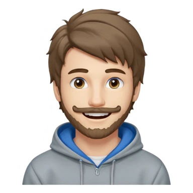 20 year old man, short scruffy beard and thin moustache, brown puffy mullet, blue eyes, big smile, white teeth, big lips, pronounced jaw, hair longer in back, sticking up on top, thin face, grey hooded sweatshirt, pale skin, big smile, blue eyes, puffy hair that is long in back, blue eyes sticker