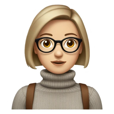 White girl in a turtleneck with brown bob, round brown glasses, and blue eyes sticker