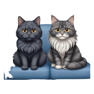 Portrait of a black smoke Maine Coon cat with long grey ear tufts, alongside a British Shorthair cat with a solid blue coat on sofa. Both cats with detailed fur textures and playful expressions. Soft, elegant background of room with flowers and natural tones. Transparent background. sticker