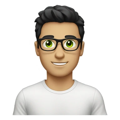 A white boy with black glasses with black hair wearing a white T-shirt with green eyes sticker