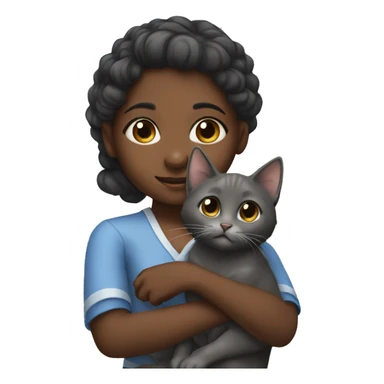 dark-skinned girl hugs a gray kitten with a bow sticker