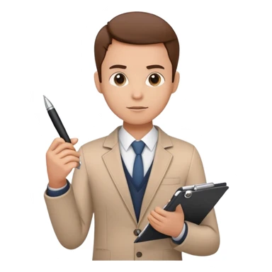 a person holding a checklist and pen, wearing smart casual clothing. The character is in a focused pose sticker
