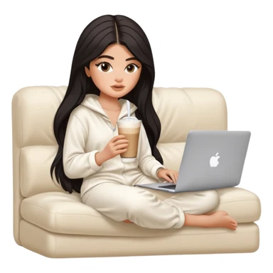 Kylie Jenner with her sexy face and long hair, make it 1 tone lighter,sitting learning on macbook watching the screen the laptop, she wears a white Skims pajama and she's drinking 1 tasty iced latte with a straw and sitting on a white beige fluffy sofa sticker