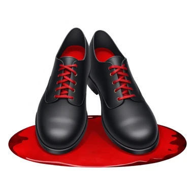 Minimalist emoji-style sticker of two black shoes standing on a red carpet that fades into a bloodstain. Flat, frontal design, simple icon composition. sticker