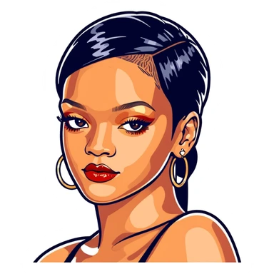 8k, 5000x5000px resolution, clean, smooth, thin lines, ultra detailed, hyperrealism, celebrity, best selling singer, and director of fenty, 2025, Rihanna. Glossy appearance, vivid colors, recent.  sticker