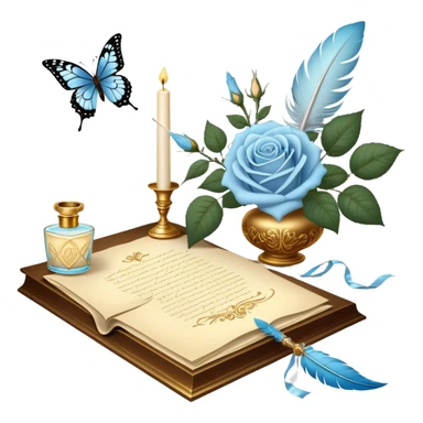 A dreamy, romantic scene of a candle-lit desk with an open love letter, a feather quill dipped in golden ink, an ornate perfume bottle, and a bouquet of pale blue roses resting beside a pearl-adorned butterfly.
 sticker