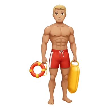 Muscular lifeguard man on beach with rescue tube sticker