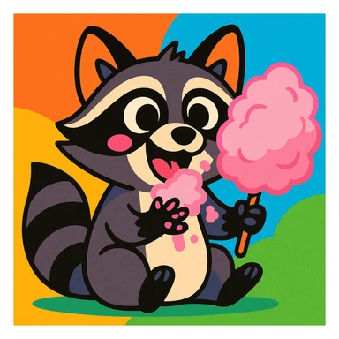 raccoon with sticky paws eating cotton candy, whimsical illustration, vibrant colors, cartoon style sticker