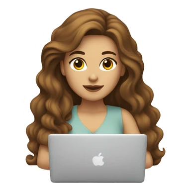 a woman with brown long wavy hair and brown eyes and white skin with macbook sticker