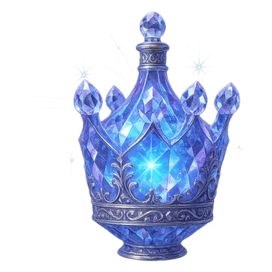 luxurious crystal elixir bottle shaped like a crown that also functions as a bottle, color #7986cb, multi-layered holographic and silver filigree, intricate crystal texture, magical glowing and sparkling effects, radiant light beams, very small neck, seamless ornate bottom, transparent background, bottle clearly floating in air, no base or shadow, not standing, modern, collection style, extremely beautiful and refined sticker