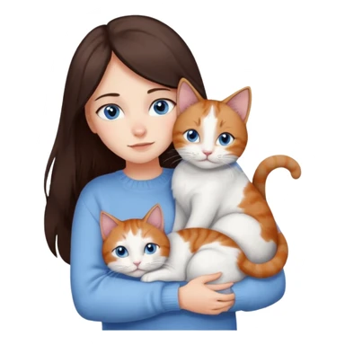 a girl with long dark 
brown hair, with blue eyes, in a
white sweater, hugs 3 different natural coloured cats sticker