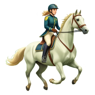 An icon featuring a horse and rider galloping gracefully over a lush green field. The rider is in full gear, guiding the horse with precision. The background shows rolling hills, a clear blue sky, and vibrant sunlight illuminating the scene. Transparent background highlights the elegance sticker