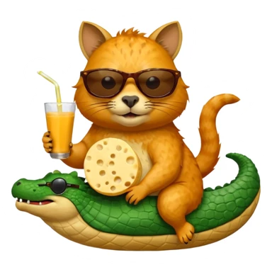 Cat with sun glasses eating cheese while riding a capybara which is also riding a crocodile eating chocolate and drinking milk sticker