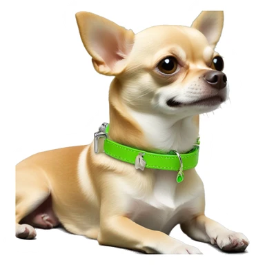 Tan chihuahua sitting with lime green collar with silver dog bone tag sticker