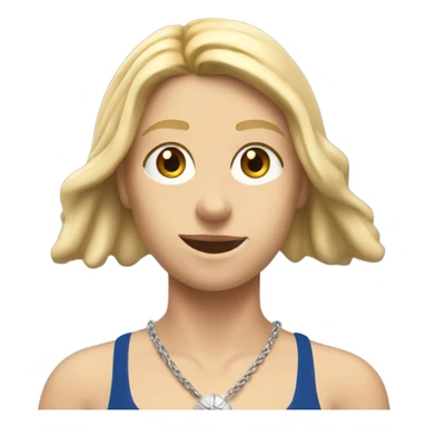 A girl with long blonde hair with wide shoulders wearing a Great Britain rowing swimming suit and has small muscles and add a necklace that has a sea shell pendant on it. She must have a  necklace around the neck and the pendant is on her chest sticker