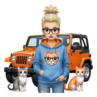 A woman with a Mohawk hair, retro cat glasses, wearing a pullover hoodie and jeans, with 4 cats: a black and white one, orange, orange and white and a gray tabby, next to a 4 door Blue Jeep Wrangler sticker