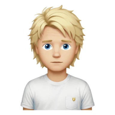 Create a look for a blond boy with long, tousled hair, light eyes, a white t-shirt, a wealthy appearance, blue eyes, and accessories like a Rolex or Cartier watch, and a cute face with messy hair down. sticker
