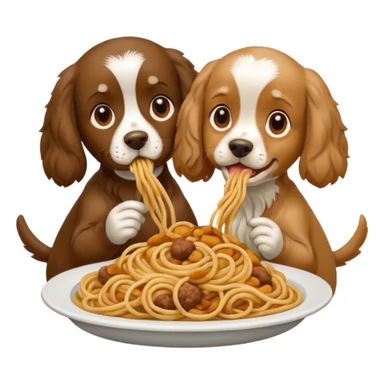 American Cocker Spaniel and Mongrel Eat Spaghetti Between Them, iphone emoji style, reference image: https://attic.sh/7pfc4fbn6y0ij1bao69rntq1w5mv sticker