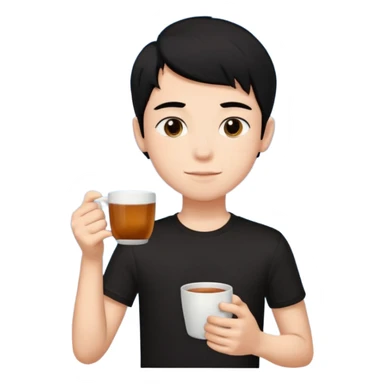 The boy teen have a black hair, and black T-shirt with a cup of tea. Sky blue background  sticker
