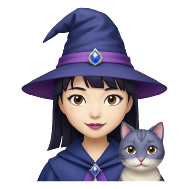 an asian short haired girl with short raven hair with bangs, with her silver left eye and dark brown right eye, with cat-eyed eyeliner, and grinning with her tiny fang of mauve toned lipstick, with dark navy wizard hat with an emblem on her hat. sticker