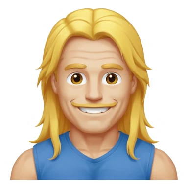 muscled happy guy, long yellow hair, blue t-shirt sticker
